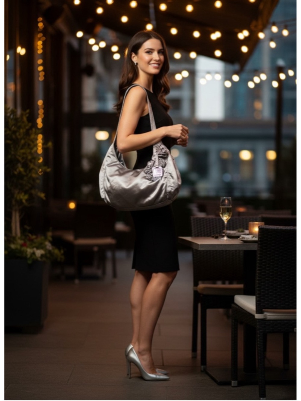 Libby Edelman 2017 Silk Blend Hobo Metallic Rose Shoulder Bag in Silver NEW